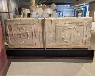 PXL_20240413_121806470 Roman panel of a marble roof, 1st-2nd century CE. Decorated with relief crosses and used as a Christian parapet slab, 5-6th centuries CE. Late Antiquity...