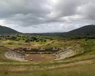 PXL_20240418_071653386 The restored Theatre of ancient Messene dominates the northwest part of the archaeological site and its large size indicates the economic strength of the city....