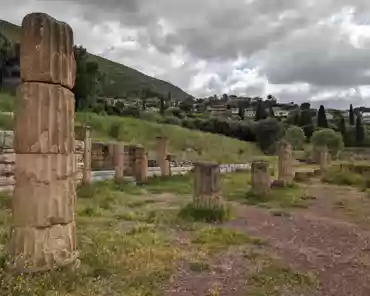 PXL_20240418_072605772 Stoa of tha agora, 196x20 meters, 2 stories. Three colonnades had 40 columns each. Stone-inscribed bases placed in the intercolumn of the inner colonnade were...