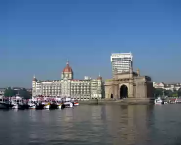 IMG_0460 The Taj Mahal Palace (left) and Tower (center), and Gateway of India (center/right), in South Mumbai.