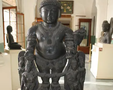 IMG_3694 Vaman Vishnu, 10 century A D, Sambhar, Jaipur. Black stone sculpture of Vaman Vishnu with rosary and conch-shell flanked by Ayudhpurush (bearers of Vishnu's...